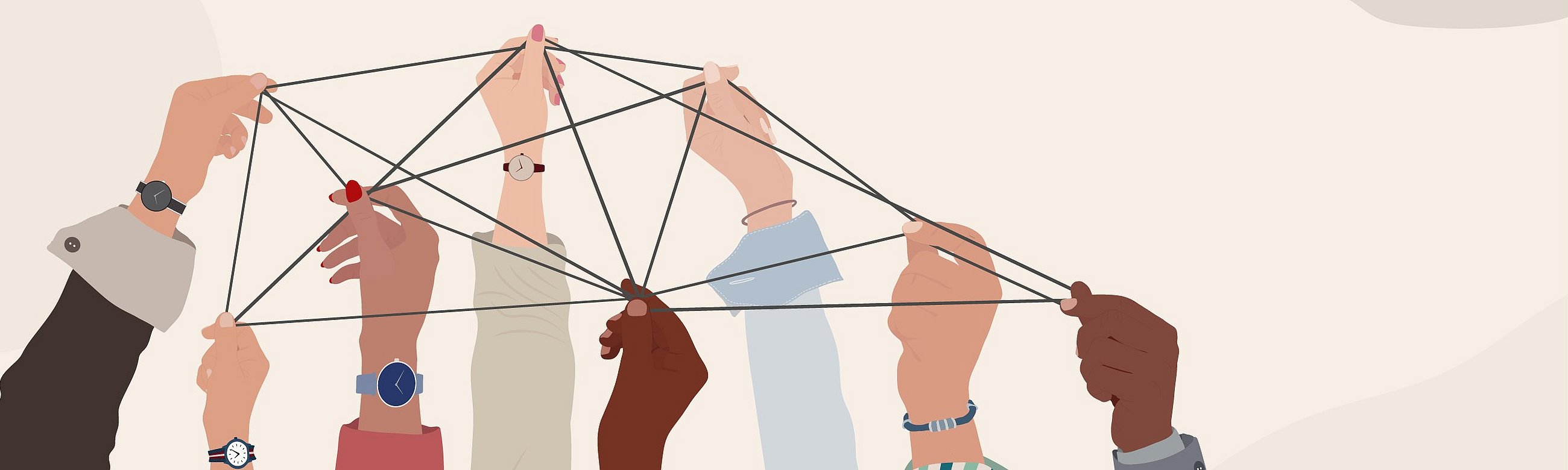 Illustration von vielen Händen, die einen Faden halten und damit ein Netzwerk bilden.